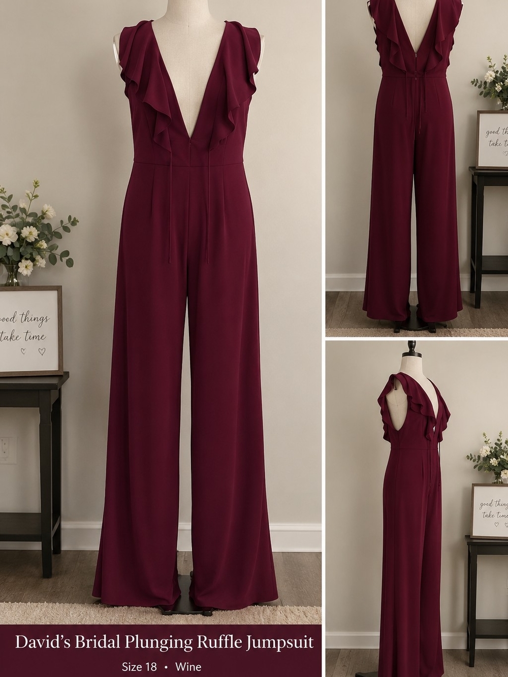 David’s Bridal Wine Plunging Ruffle Wide-Leg Jumpsuit Size 18 NWT